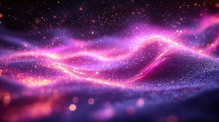 Abstract, glowing, pink, purple particle waves in dark space. Background of  glittering sparkles.  Use Design, cover, poster, wallpaper