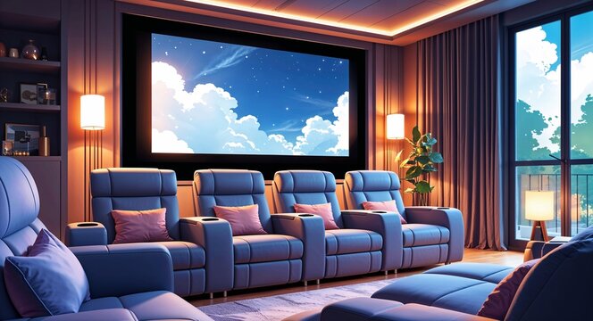 modern home theater with plush seating and soft lighting anime cartoon style illustration artwork design background