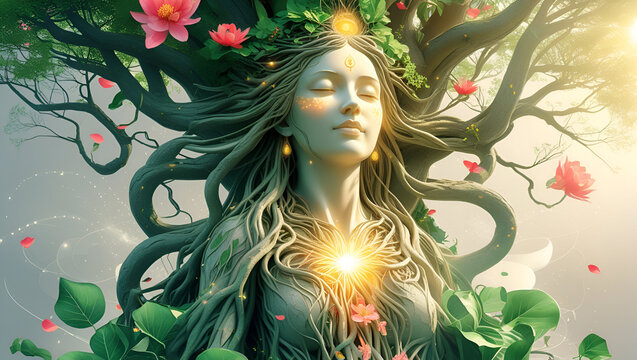 nature statue of a woman/ goddess of nature and fertility/Goddess Of the Forest earth day and mother nature concept or Theme of Ecology and Mysticism