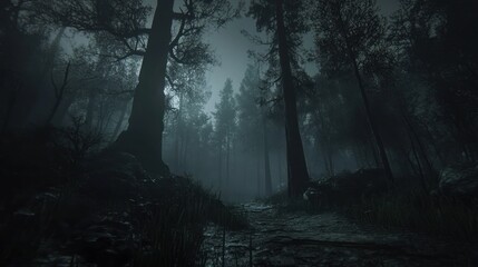 Foggy forest path at night