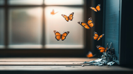 Surreal Restore the Balance Concept, Butterflies flying out of cracked computer screen, symbolizing freedom and creativity