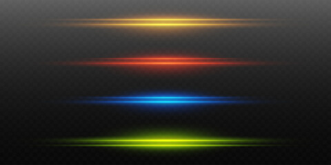 Set of light line effects, laser beam, neon flare.