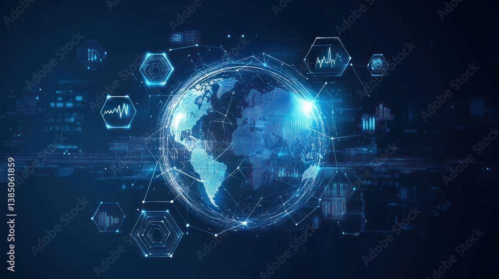 Poster global data network, digital sphere, information flow, visual representation, for stock photo use