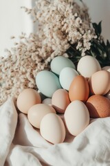 Colorful eggs arranged among dried flowers create a serene spring display for festive celebrations and decorations