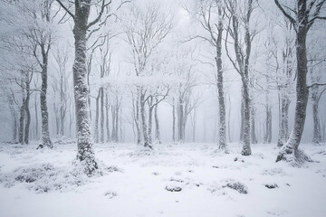 Snowy forest landscape featuring frost-covered trees in a tranquil winter setting