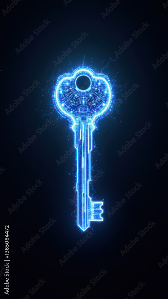 Poster blue key icon symbolizing cybersecurity or access to secure digital information.