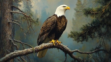 Obraz premium Bald eagle perched on branch wildlife nature bird of prey american symbol patriotic majestic freedom usa