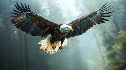 Majestic bald eagle soaring through misty forest landscape wildlife photography nature bird of prey freedom
