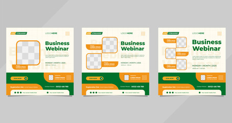 Set of minimalist Business webinar social media post templates with green and white cream color background, Suitable to online education class and other online seminars