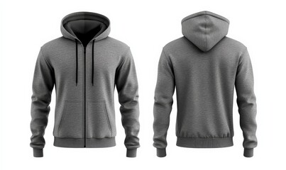 Front and back view of a plain dark gray zip-up hoodie on a white background.