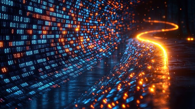 Digital Data Flow with Binary Code and Glowing Lights in a Futuristic Environment