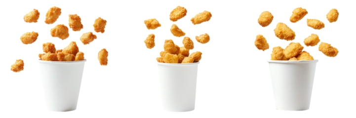 Triple take Crispy golden chicken pieces cascading into white cups.