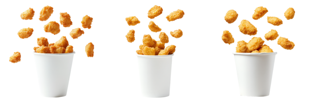 Triple take Crispy golden chicken pieces cascading into white cups.