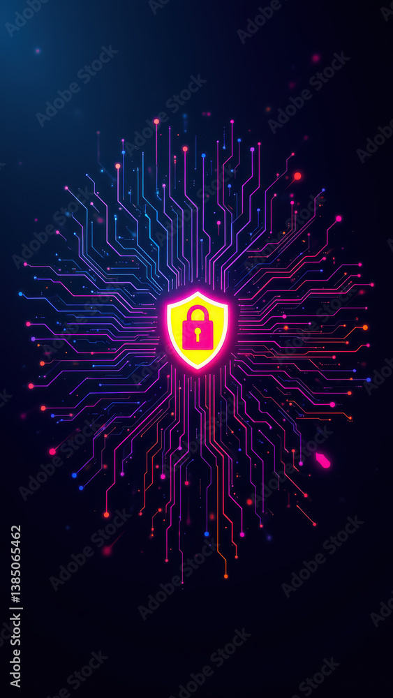 Poster a colorful digital artwork depicting a shield with lightning bolts emanating from its center, set ag