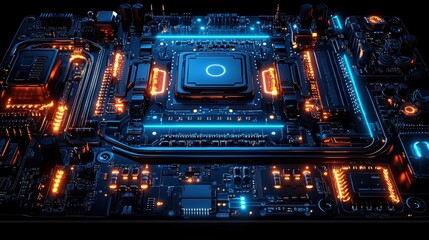 Fototapeta premium Futuristic Circuit Board with Neon Lights and High-Tech Components in Dark Environment