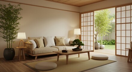 Harmonious Japanese-Inspired Living Space with Tranquil Garden View and Natural Light