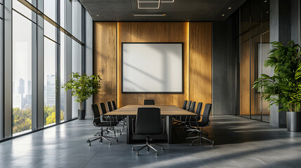 Sleek modern conference room with black chairs and large blank display providing ample space for collaborative discussions
