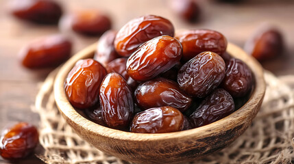 Delicious and nutritious dates are displayed in wooden bowl, showcasing their rich brown color and glossy texture. These sweet fruits are perfect for snacking or adding to various dishes
