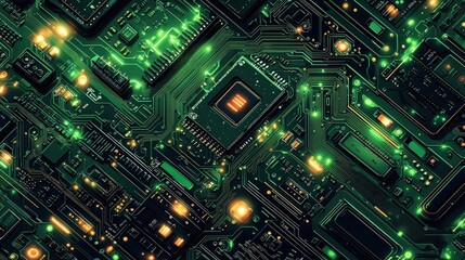 Fototapeta premium Futuristic Circuit Board with Microchips and Neon Green Lights in Abstract Technology Background