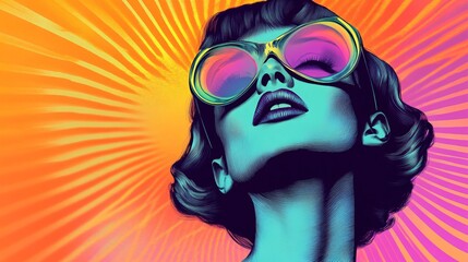 Fashion model wearing sunglasses posing on colorful background