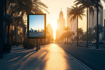 Empty Vertical Digital Billboard Mockup on City Street at Sunset