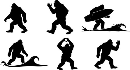 Bigfoot Silhouette Set – Surfing, Walking, and Love Gestures

Funny Sasquatch Vector Icons – Surf and Heart Poses

Silhouette Collection of Bigfoot in Action – Surfboard & More

