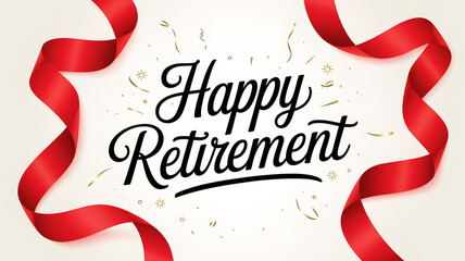 Happy Retirement card. Beautiful greeting banner poster calligraphy black text word gold ribbon. Hand drawn design. Handwritten modern brush lettering white background etc.
