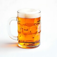 A refreshing glass of golden beer with thick white head sits in a clear glass beer mug against a bright white background.