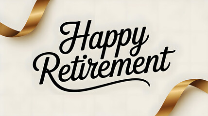 Happy Retirement card. Beautiful greeting banner poster calligraphy black text word gold ribbon. Hand drawn design. Handwritten modern brush lettering white background etc.