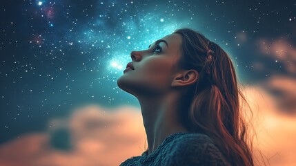 Woman gazes at the cosmic sky, dreaming of the stars and universe.