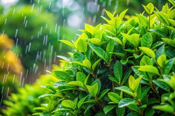 Obraz premium Candid summer rain; vibrant green leaves emerge from a flourishing bush.