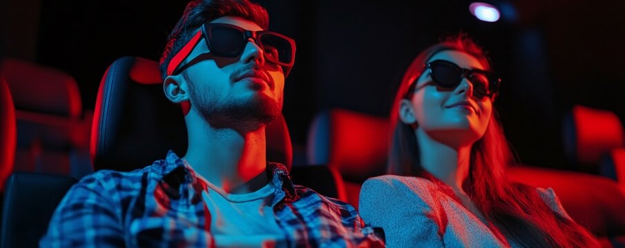 Young couple wearing 3d glasses watching movie in cinema