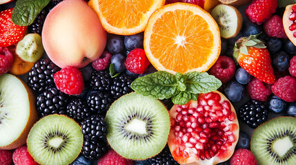 Obraz premium vibrant assortment of fresh fruits including oranges, kiwis, berries, and pomegranates, showcasing their natural colors and textures, perfect for healthy eating and vibrant dishes