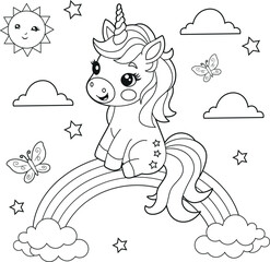 Illustration of a cute baby unicorn cartoon character. Black and white Printable Unicorn coloring page for kids, Bold and Easy Coloring Sheet
