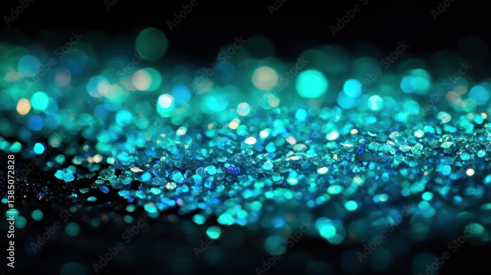 Poster teal glitter bokeh on black background. possible use abstract background, product display
