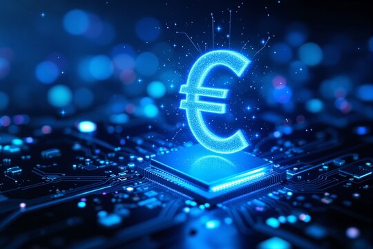 Euro currency symbol glowing on a microchip over a circuit board, futuristic digital style, blue bokeh background, concept of digital finance. Ai generative