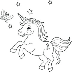 Illustration of a cute baby unicorn cartoon character. Black and white Printable Unicorn coloring page for kids, Bold and Easy Coloring Sheet
