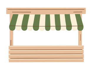Market stall, wooden vendor stand with green striped awning, rustic farmers market booth, , craft fair shop, street food kiosk hand-drawn small business storefront design. Vector illustration.