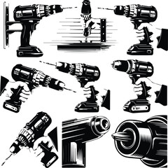 Electric Drill Silhouette Set | Drill Equipment, Hand Tools, and Builder Icon Illustration Electric Drill Silhouette Set | Power Tools, Construction, and DIY Vector Collection