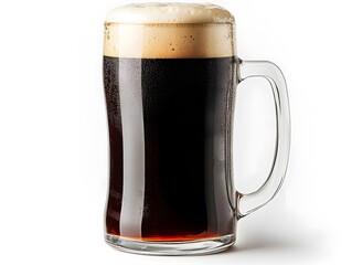 A full glass of dark beer with a thick head of foam sits on a white background in a clear glass mug perfect for beer advertisements.