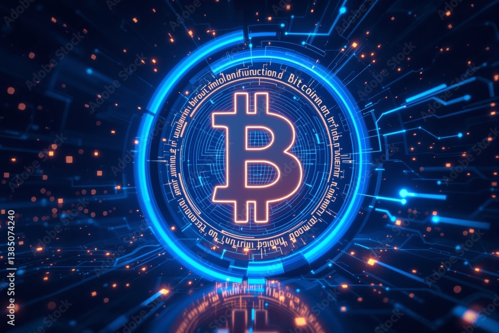 Poster illuminated bitcoin icon in a glowing digital interface with circuit elements, futuristic style on a