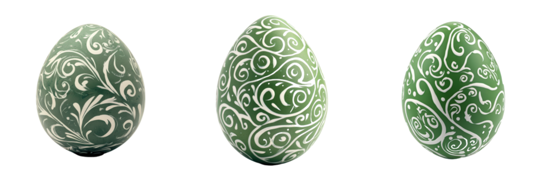 Three green eggs with decorative white swirls and floral patterns. - Powered by Adobe