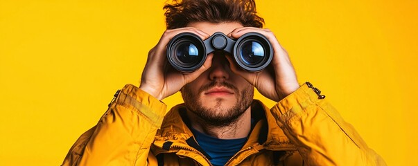 Young man with a yellow jacket is using binoculars on a yellow background