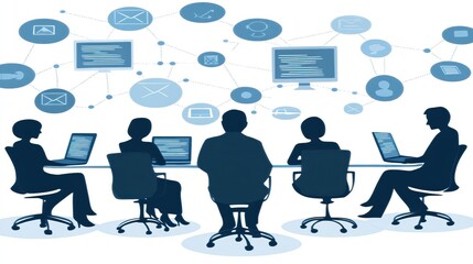 Business team meeting, networked, modern office setting