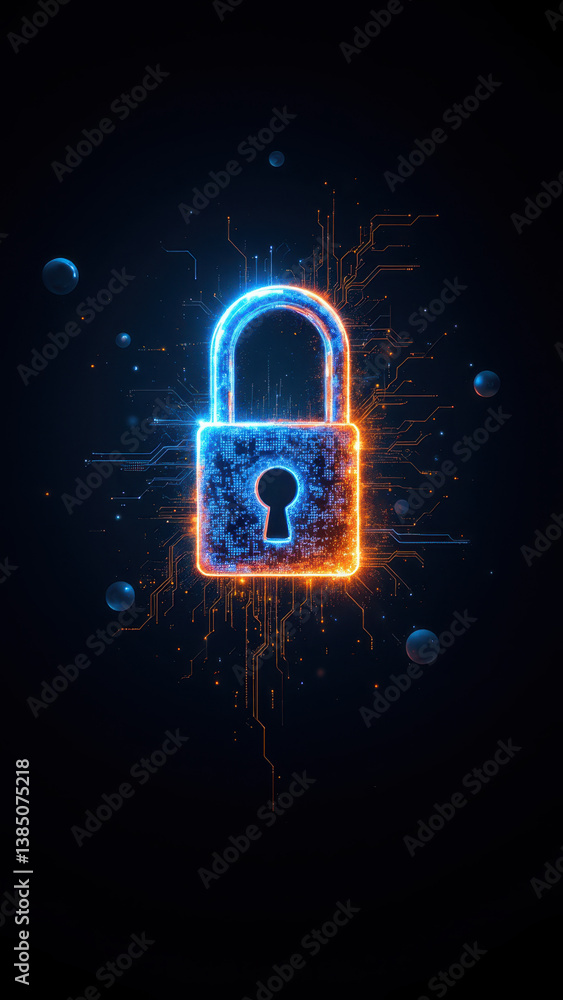 Poster cybersecurity icon with lock and digital particles.