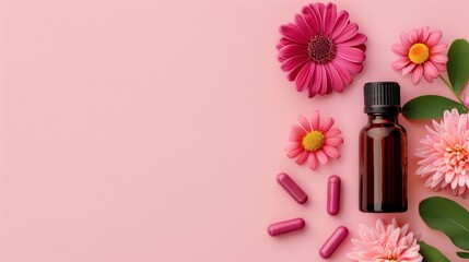 Brown medicine bottle with pink flowers and pills on pink background representing natural medicine and healthcare