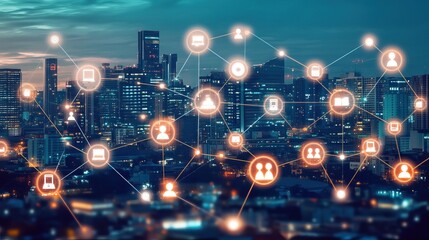 City network at night, connections, icons, futuristic