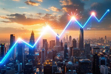 Futuristic stock market IPO graph with glowing ascending trendline over modern city skyline at sunset, financial growth and investment concept. Ai generative