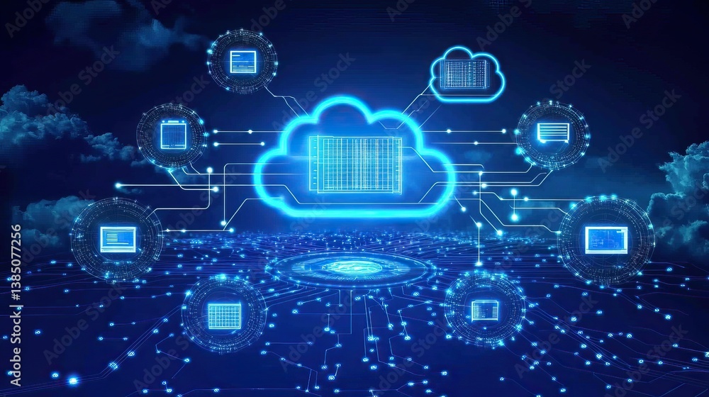 Poster cloud computing network diagram, futuristic digital network