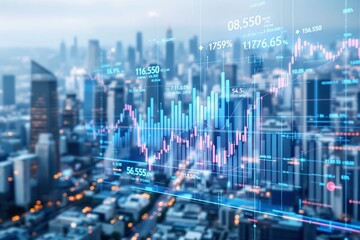 Financial stock chart with data overlays and bar graphs on a blurred cityscape background, depicting futuristic finance and economic growth concept. Ai generative